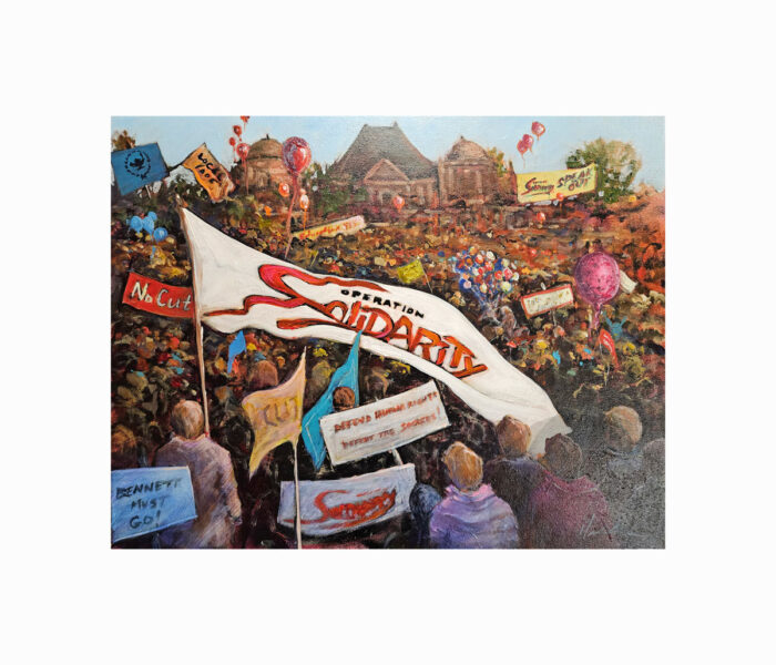 painting by Fraser Valley artist Perry Haddock is titled "The Spirit of Solidarity".  It represents the historic events of 1983 when hundreds of community, faith and social justice groups united with the labour movement in BC to resist government attacks on us all.