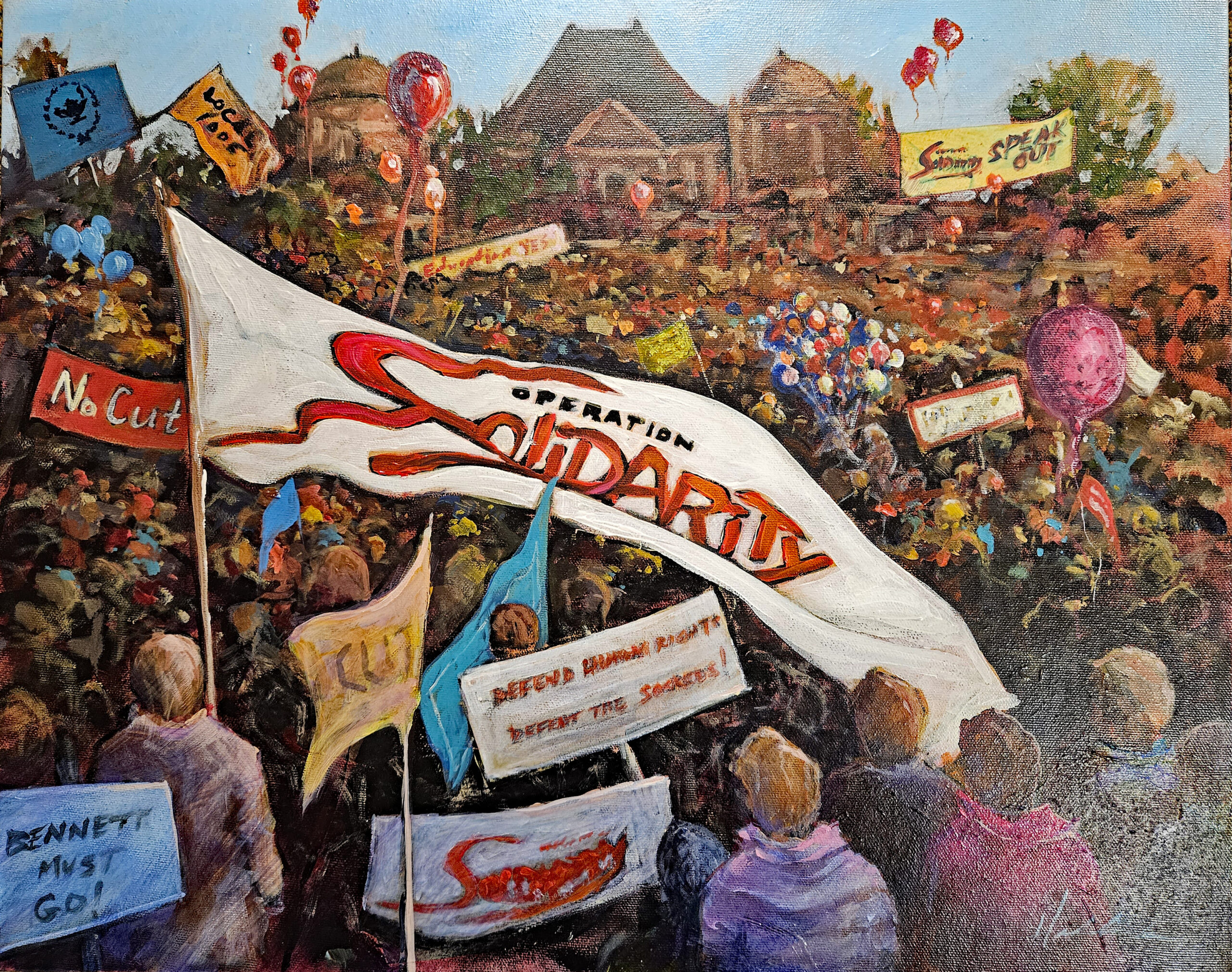 painting by Fraser Valley artist Perry Haddock is titled "The Spirit of Solidarity".  It represents the historic events of 1983 when hundreds of community, faith and social justice groups united with the labour movement in BC to resist government attacks on us all.