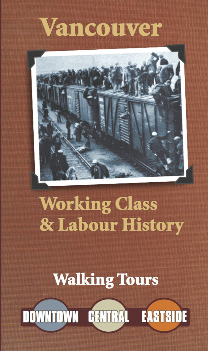 Cover of the Vancouver labour tour with black and white photo of workers on a train.