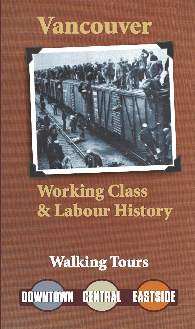 Cover of the Vancouver labour tour with black and white photo of workers on a train.