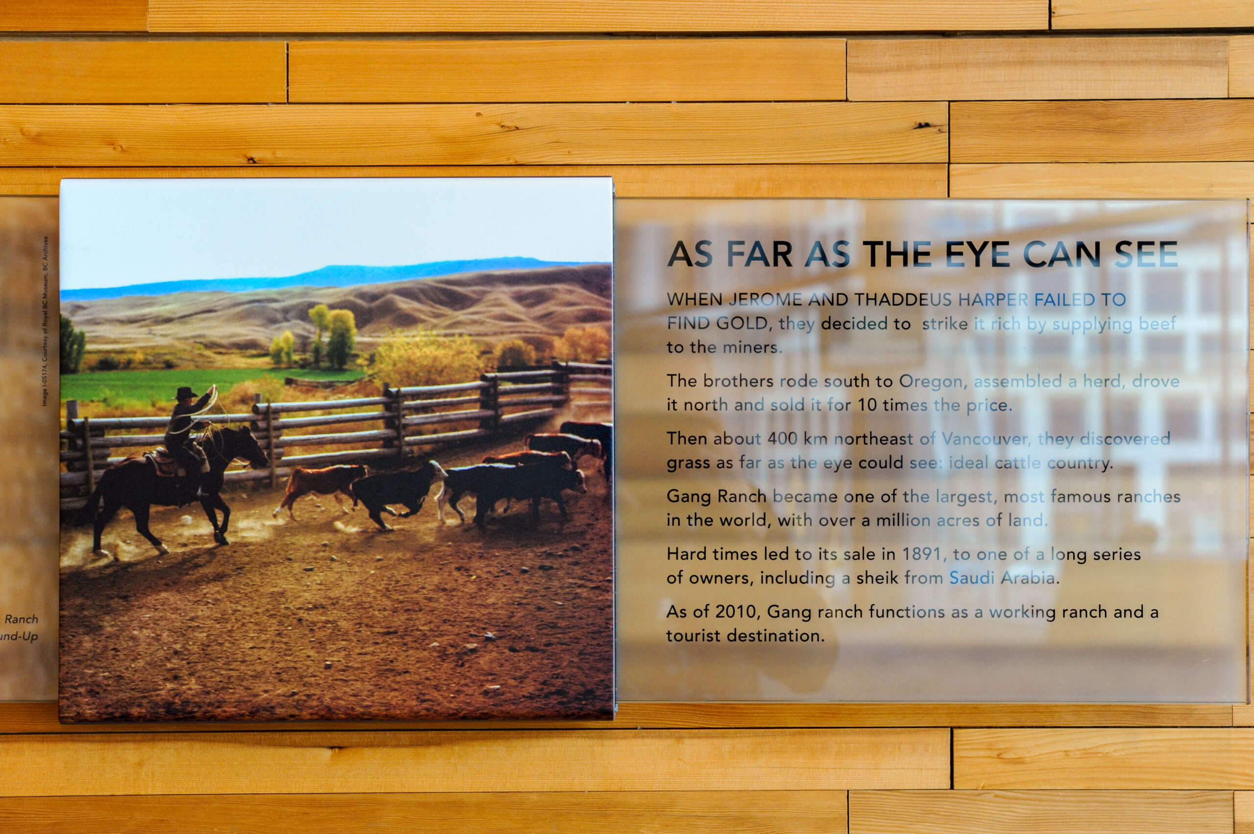 The plaque reads: When Jerome and Thaddeus Harper failed to find gold, they decided to strike it rich by supplying beef to the miners. The brothers rode south to Oregon, assembled a herd, drove it north, and sold it for ten times the price. Then, about 400km northeast of Vancouver, they discovered grass as far as the eye could see: ideal cattle country. Gang Ranch became one of the largest, most famous ranches in the world, with over a million acres of land. Hard times led to its sale in 1891, to one of a long series of owners, including a sheik from Saudi Arabia. As of 2010, Gang Ranch functions as a working ranch and a tourist destination.
