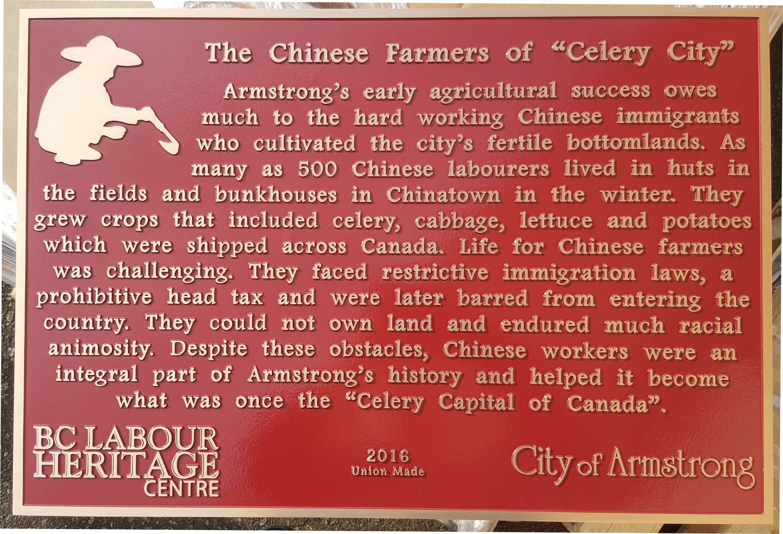 The plaque reads: Armstrong’s early agricultural success owes much to the hard working Chinese immigrants who cultivated the city’s fertile bottomlands. As many as 500 Chinese labourers lived in huts in the fields and bunkhouses in Chinatown in the winter. They grew crops that included celery, cabbage, lettuce and potatoes which were shipped across Canada. Life for Chinese farmers was challenging. They faced restrictive immigration laws, a prohibitive head tax and were later barred from entering the country. They could not own land and endured much racial animosity. Despite these obstacles, Chinese workers were an integral part of Armstrong’s history and helped it become what was once the “Celery Capital of Canada”. BC Labour Heritage Centre 2016 Union Made City of Armstrong