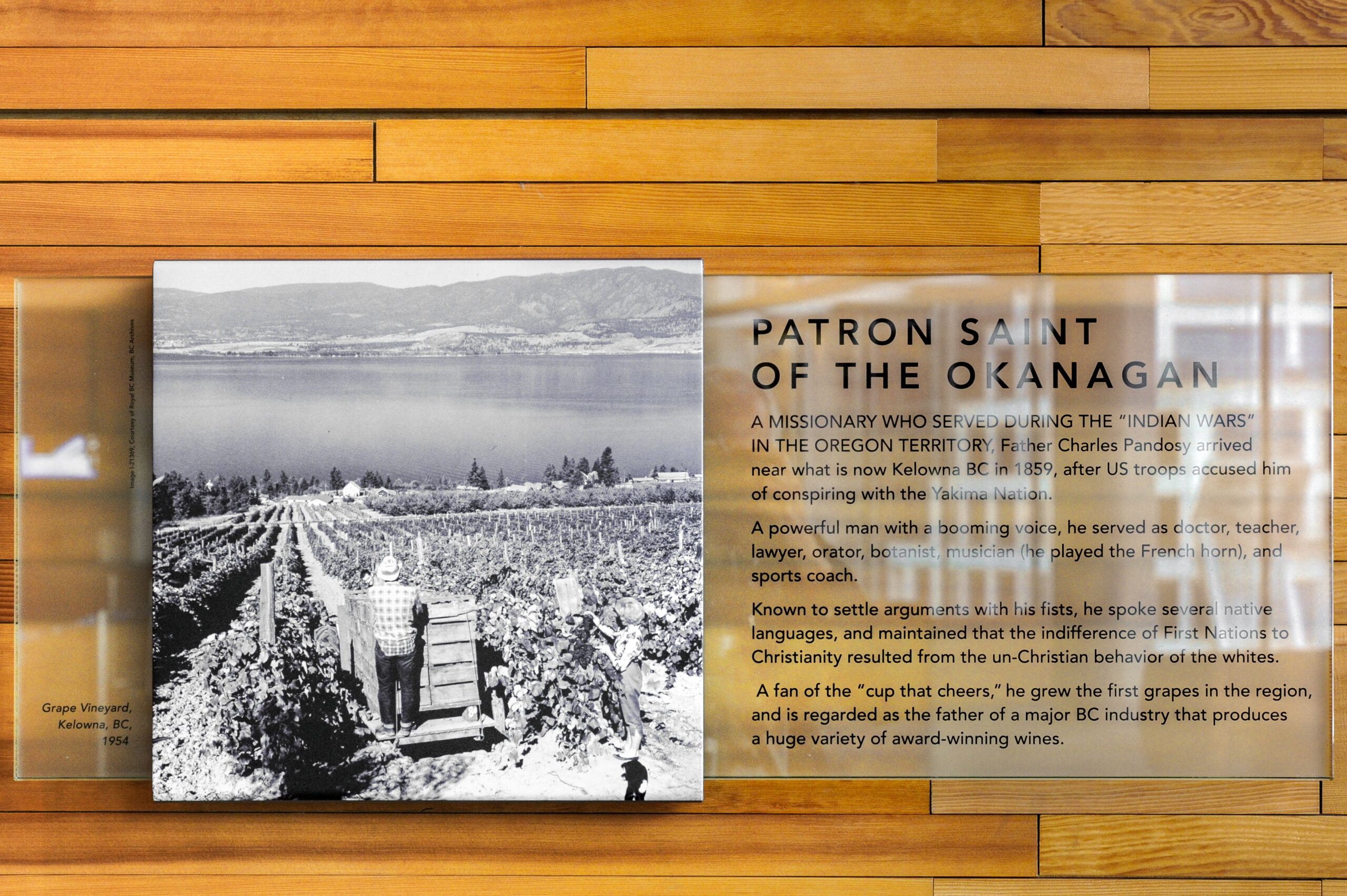 The plaque reads: A missionary who served during the “Indian Wars” in the Oregon Territory, Father Charles Pandosy, arrived near what is now Kelowna, BC in 1859, after US troops accused him of conspiring with the Yakima Nation. A powerful man with a booming voice, he served as doctor, teacher, lawyer, orator, botanist, musician (he played the French horn), and sports coach. Known to settle arguments with his fists, he spoke several native languages and maintained that the indifference of First Nations to Christianity resulted from the un-Christian behaviour of the whites. A fan of the “cup that cheers,” he grew the first grapes in the region, and is regarded as the father of a major BC industry that produces a huge variety of award-winning wines.