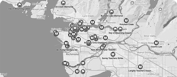 Map of Vancouver main land with markers on it