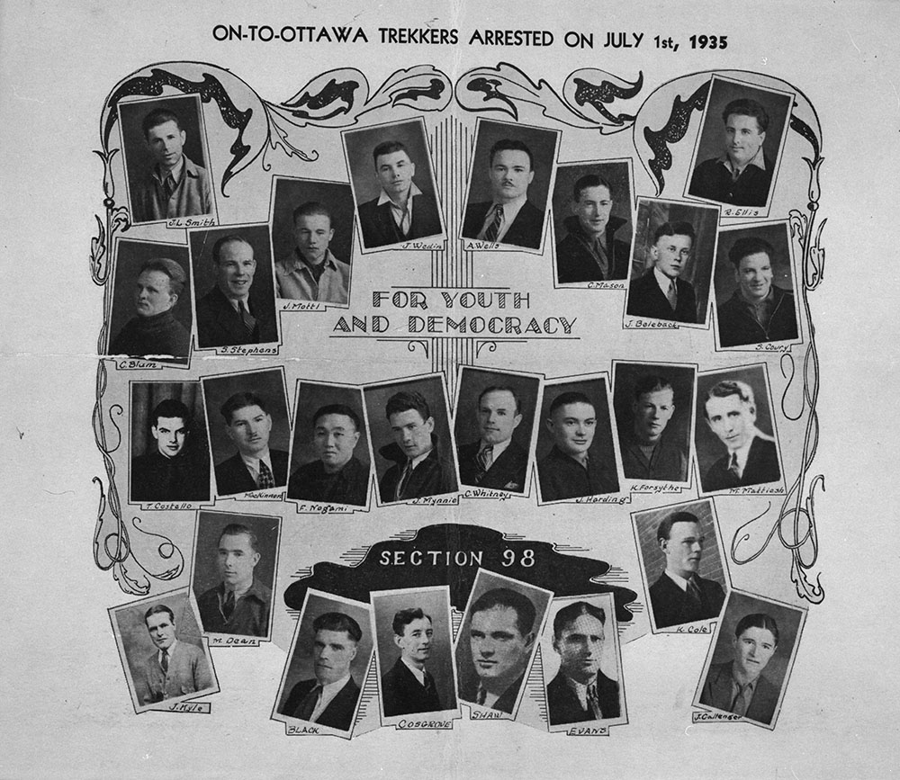 A collage of passport photos of On-To-Ottawa trekkers arrested on July 1st, 1935