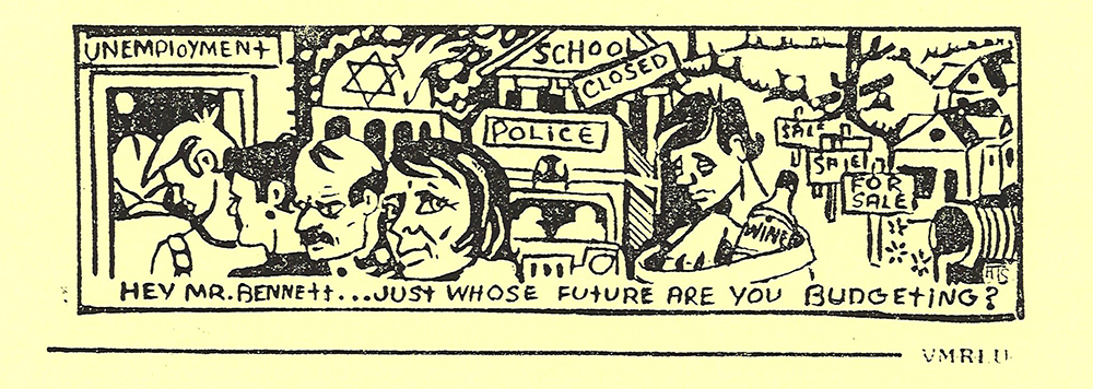 Cartoon drawing with text: "hey mr. Bennett... Just whose future are you budgeting"