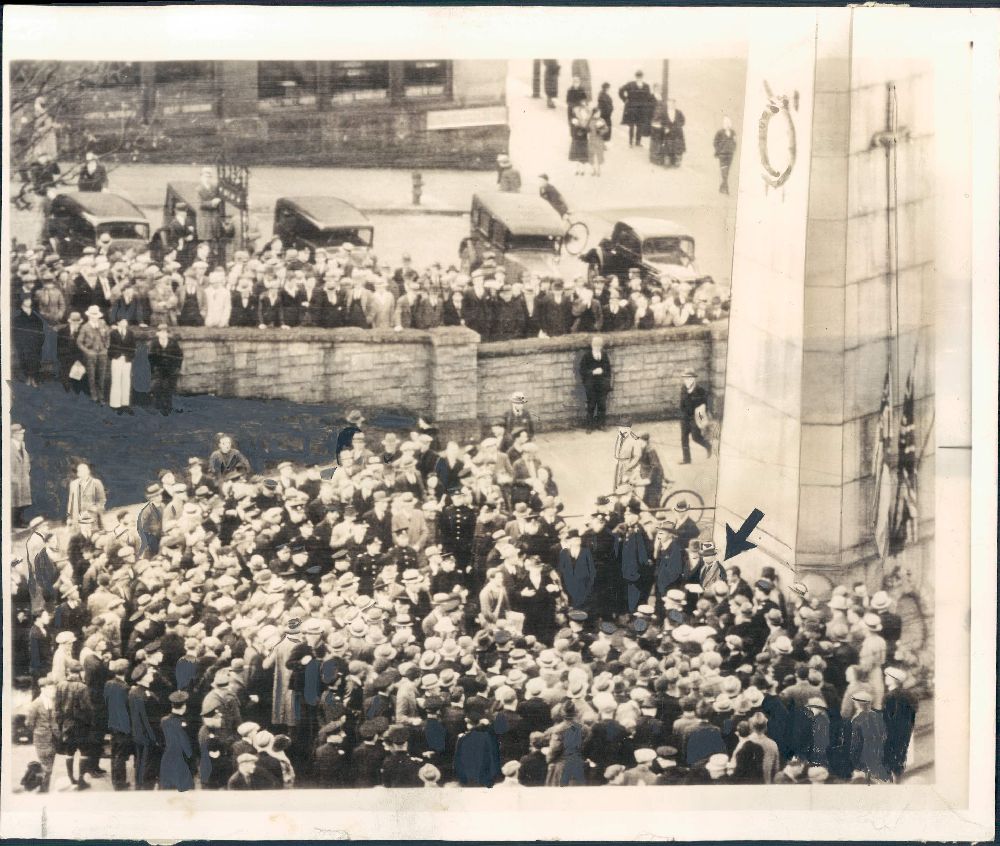 Black and white photo of strikers assembled in nearby Victory Square where Mayor McGeer read “the Riot Act” which required immediate dispersal
