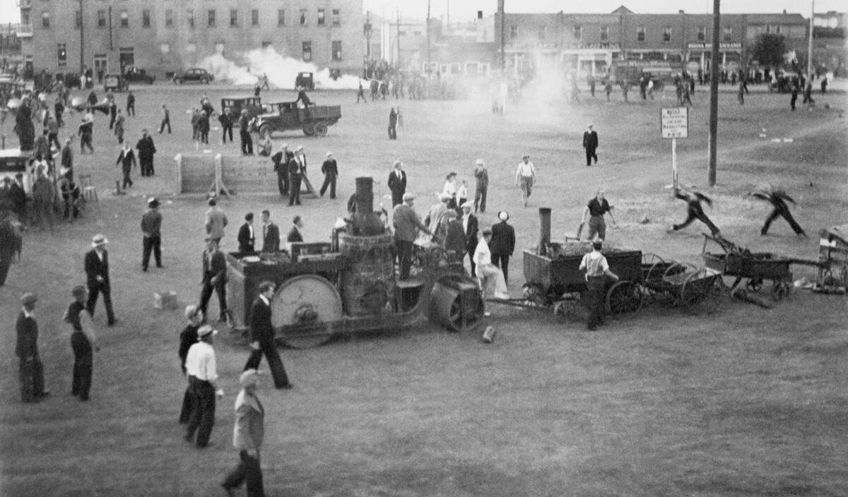 Black and white photo of the Regina Riots
