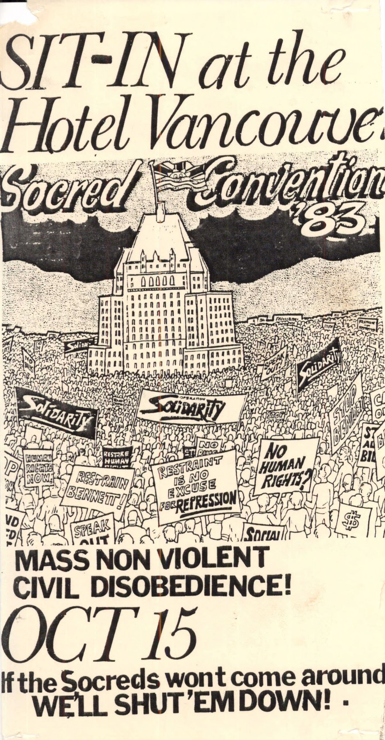 Poster: Sit-in at the Hotel Vancouver Socred Convention '83