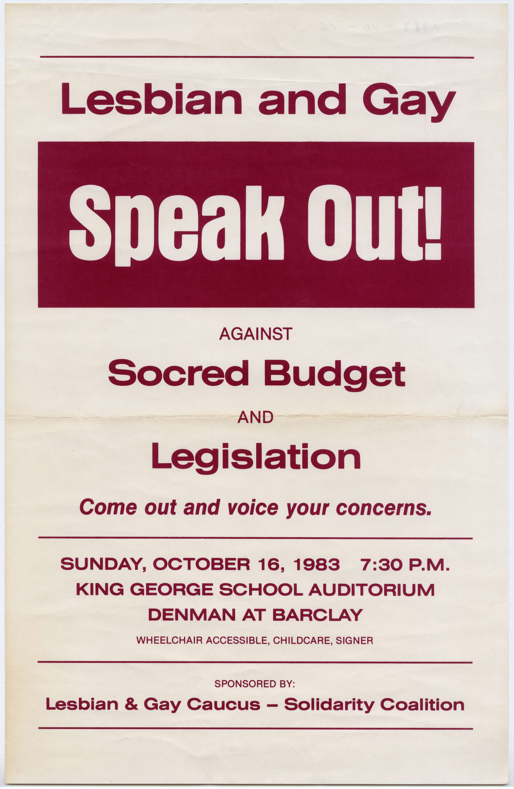 Poster Lesbian and Gay speak out against socred budget and legislation.