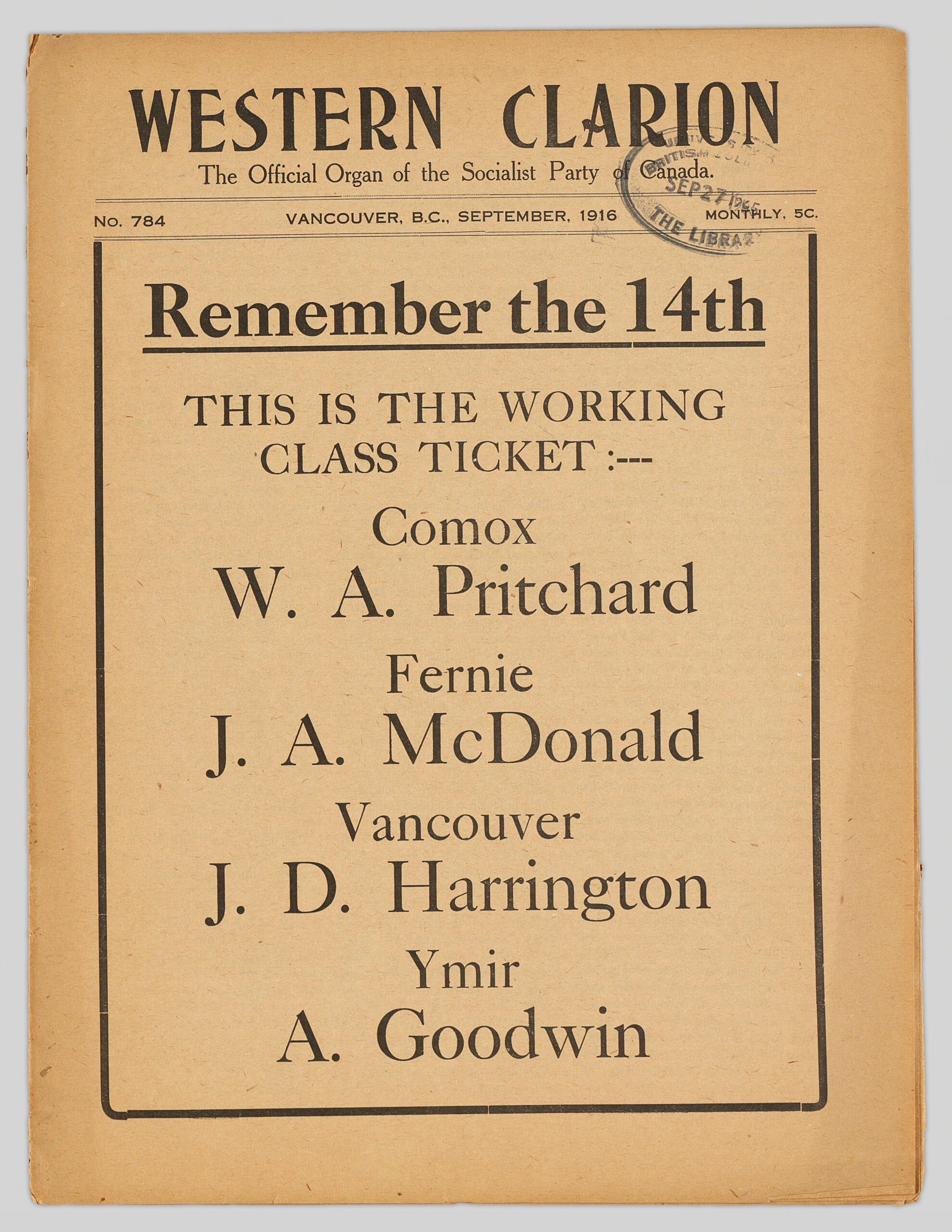 cover of the Western Clarion September 1916